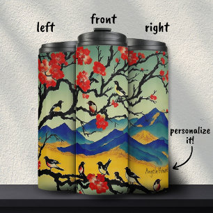 Garrafa Térmica Cena Japonesa de Natureza em Aquarela com Nome Per