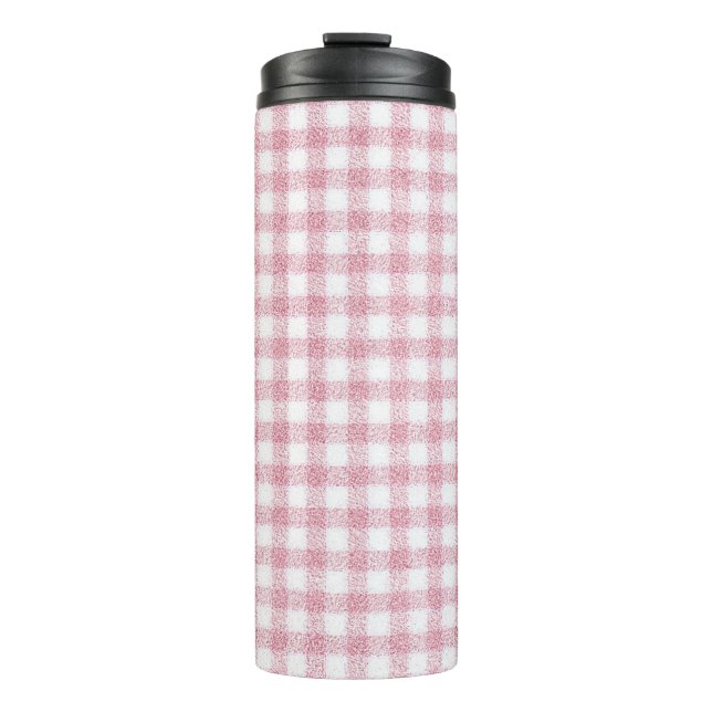 Garrafa Térmica Charme de Xadrez Rosa e Branco Aveludado (Frente)