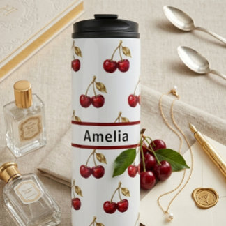 Garrafa Térmica Cherry & Golden Leaves Custom Name Design Gift