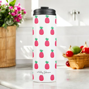 Garrafa Térmica Chic de Padrão de Abacaxi Branco Rosa