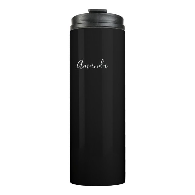 Garrafa Térmica Chic de script preto e branco personalizado (Frente)