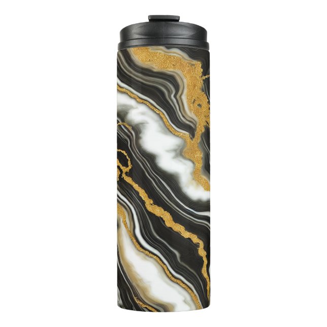Garrafa Térmica  Chic Preto Branco Dourado Olhar de Mármore Glam  (Frente)