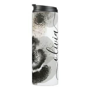 Garrafa Térmica Chic Preto Dourado Floral Assinatura Monogramada