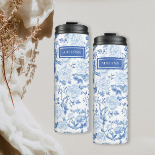Garrafa Térmica Chinoiserie Branca Azul Porcelana Monograma