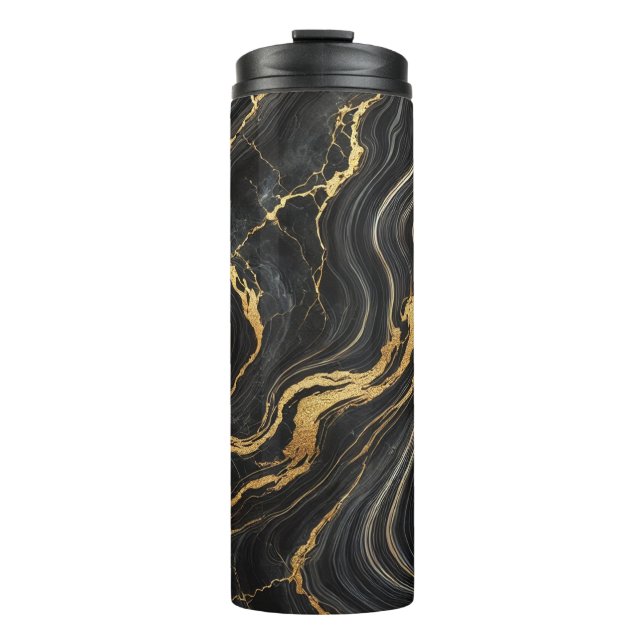 Garrafa Térmica Chique Glamour Preto e Dourado com Efeito Mármore (Frente)