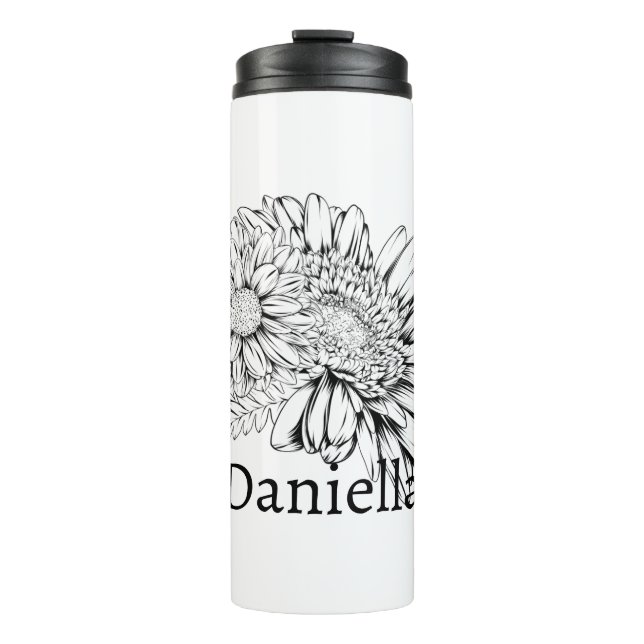 Garrafa Térmica Chrysanthemum Black Line Drawing with Your Name  (Frente)