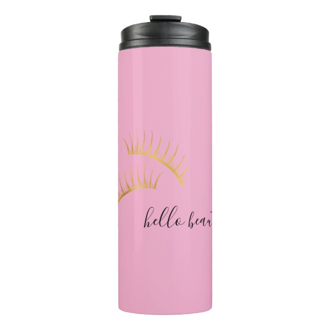 Garrafa Térmica Cílios Dourado Rosa Olá Bela (Frente)