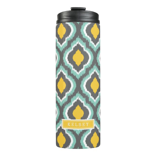 Garrafa Térmica Cinza Aqua e amarelo Ikat marroquino Monograma (Frente)