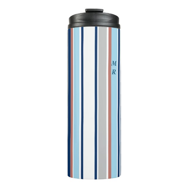 Garrafa Térmica Cinza Branca Vermelha Azul Moderna Stripes Monogra (Frente)