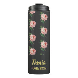Garrafa Térmica Cinza de nome personalizado de flor rosa