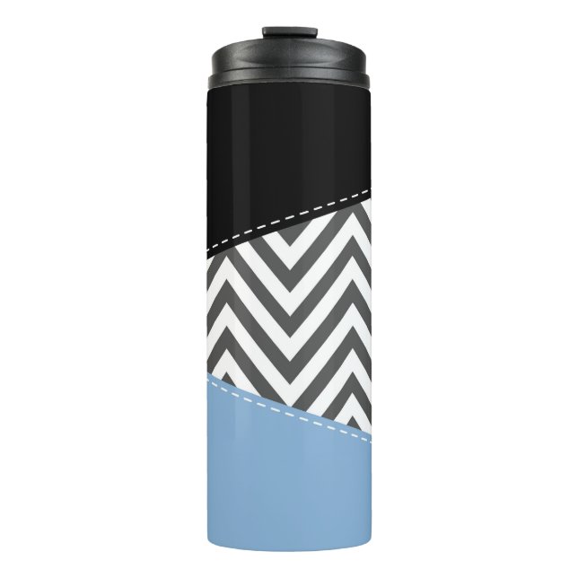Garrafa Térmica Cinza Zigzag, Cinza Chevron, Zigzag Patterno, Azul (Frente)