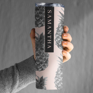 Garrafa Térmica Cinzas Tropicais E Padrão De Abacaxi Rosa Com Nome