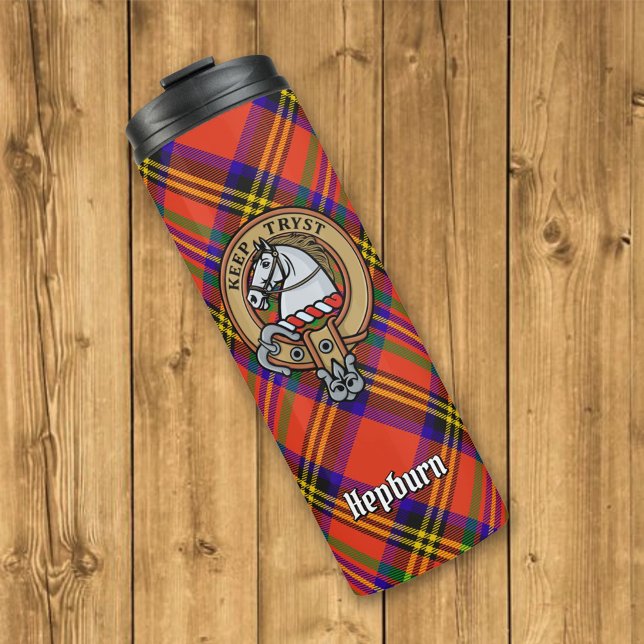 Garrafa Térmica Clan Hepburn Crest sobre Tartan (Criador carregado)