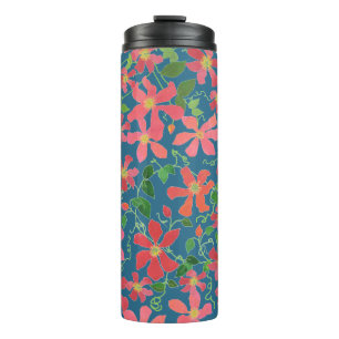 Garrafa Térmica Clematis Pink, Red, Orange Floral em Azul Profundo