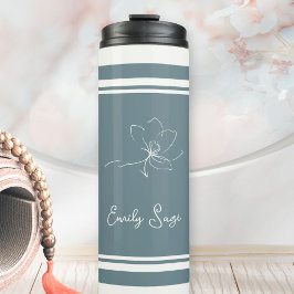 Garrafa Térmica Coastal Blue Ivory Floral Line Art Striped