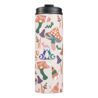 Garrafa Térmica Cogumelos de outono, design sem costura colorida.
