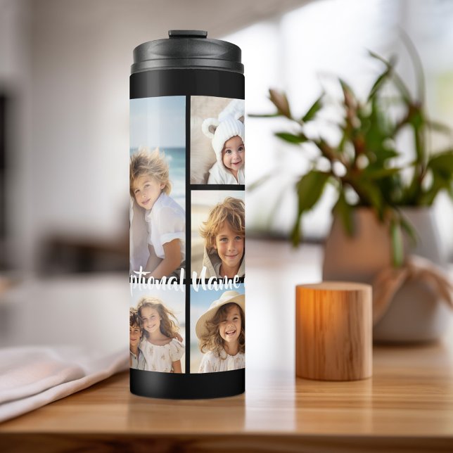 Garrafa Térmica Colagem ao Quadrado de Fotos Preto 9 - com branco  (Personalized Thermal Tumbler - Add Photos, Text - Customize Completely in the Advanced Design Area)