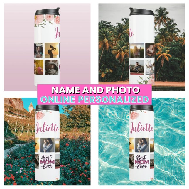 Garrafa Térmica Colagem de Fotografias da Melhor Mãe Nunca Mãe (Floral Best Mom Ever Mother Photo Collage Thermal Tumbler
)