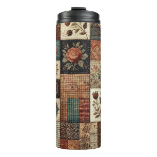 Garrafa Térmica Colcha de Remendo de Terracota Floral Boho Rústico