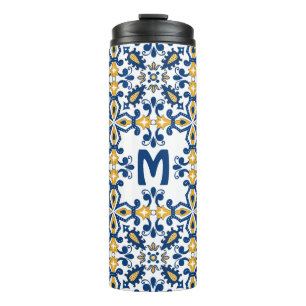 Garrafa Térmica Com iniciais 💛 💙Azulejos azuis e amarelos