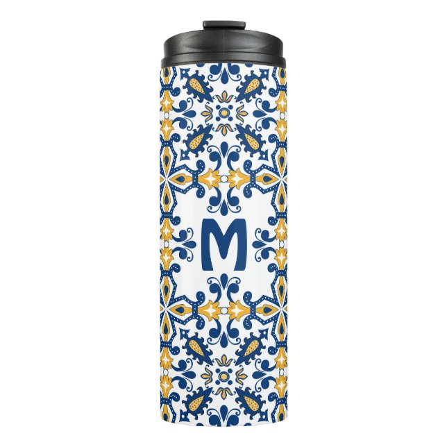 Garrafa Térmica Com 💛 inicial 💙 azul e amarelo Azulejos (Frente)