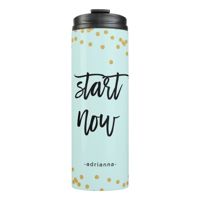 Garrafa Térmica Comece agora Pastel Azul com Faux Dourada e Nome (Frente)