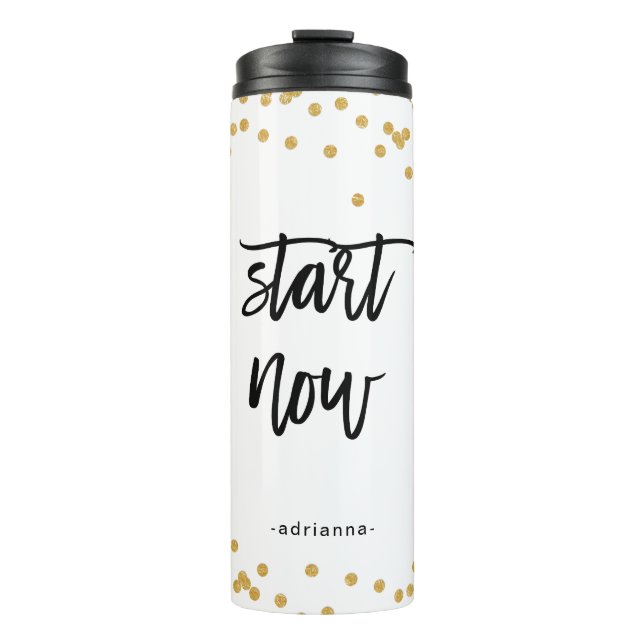 Garrafa Térmica Comece agora preto e branco com Faux Dourado e nom (Frente)