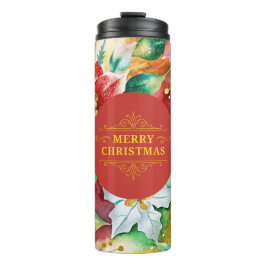 Garrafa Térmica Copos Florais de Natal Vermelho e Dourado Elegante