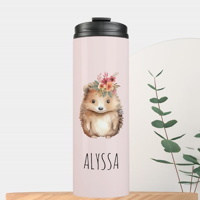Garrafa Térmica Cor-de-água do Aquecedor Ploral (Floral Hedgehog watercolor Thermal Tumbler Travel mug for her blush pink)