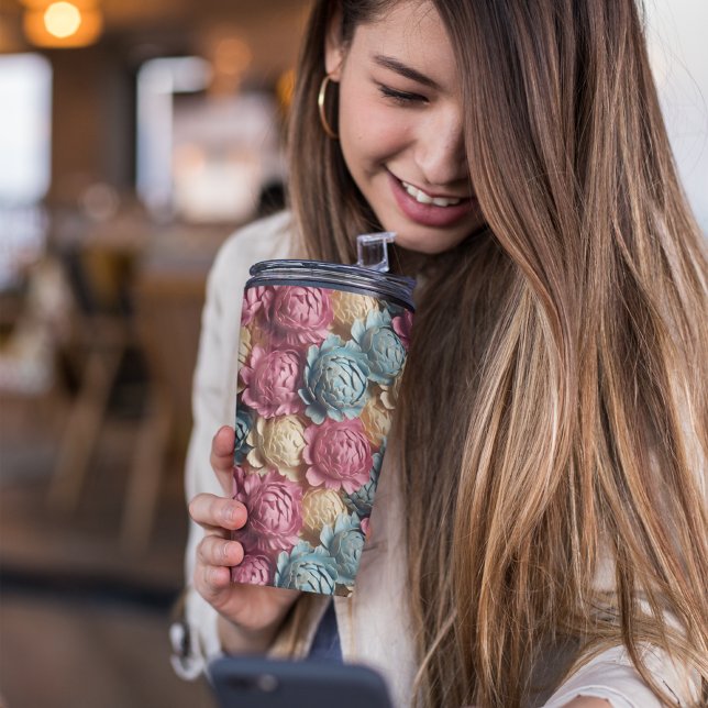 Garrafa Térmica Cor-de-rosa e azul 3D (PINK FLORAL TUMBLER)