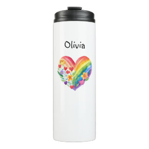 Garrafa Térmica Coração Arco-íris em Aquarela Personalizado