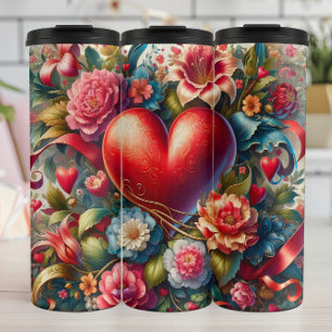 Garrafa Térmica Coração Floral Vermelho Ornamentado