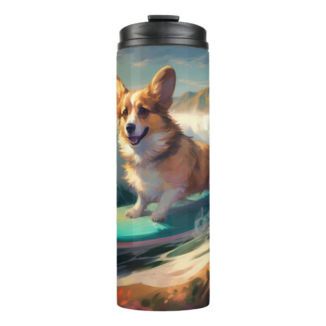 Garrafa Térmica Corgi  Praia Surfando Pintura (Frente)