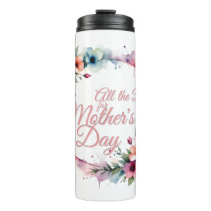 Garrafa Térmica Coroa Floral de Aquarela do Dia das Mães em Rosa V