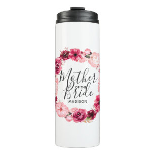 Garrafa Térmica Coroa Floral Rosa e Borgonha Mãe da Noiva