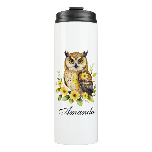Garrafa Térmica Coruja de Aquarela com Flores Amarelas (Frente)