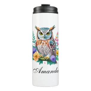 Garrafa Térmica Coruja de Aquarelas e Flores Coloridas