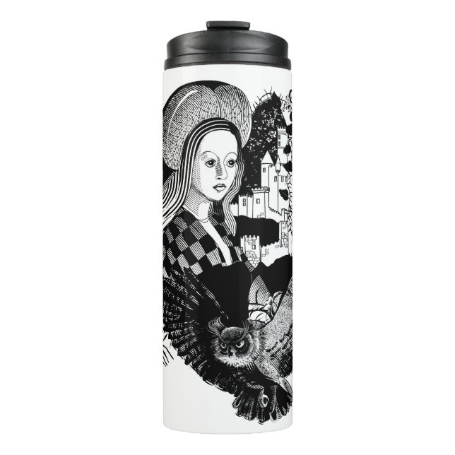Garrafa Térmica Coruja Noturna Gótica e mulher (Frente)