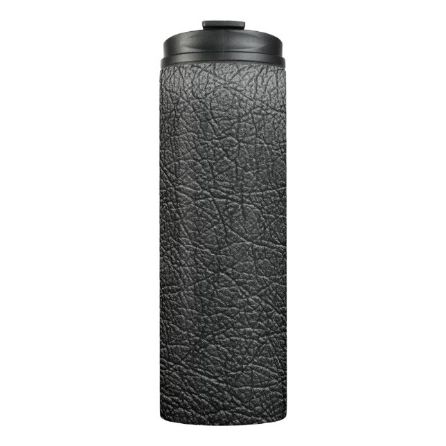 Garrafa Térmica Couro preto: textura em tela fechada. (Frente)