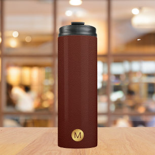 Garrafa Térmica Couro Vermelho Faux Elegante e Monograma Dourado I