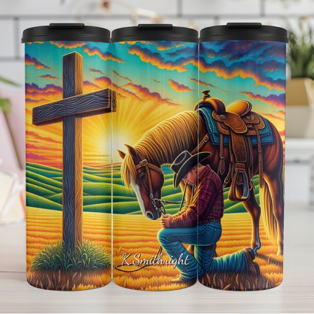 Garrafa Térmica Cowboy Praying Horse Cross Sunset (Criador carregado)