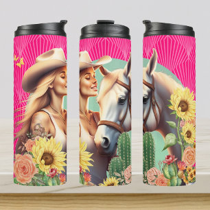 Garrafa Térmica Cowgirl Hot Pink e Floral Skinny Tumbler