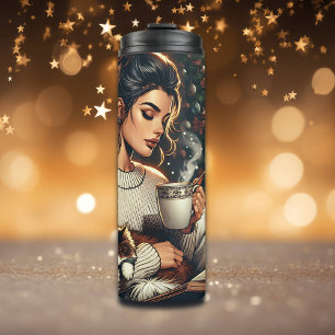 Garrafa Térmica Cozy Scene   Cacau Bebendo feminino com Gato