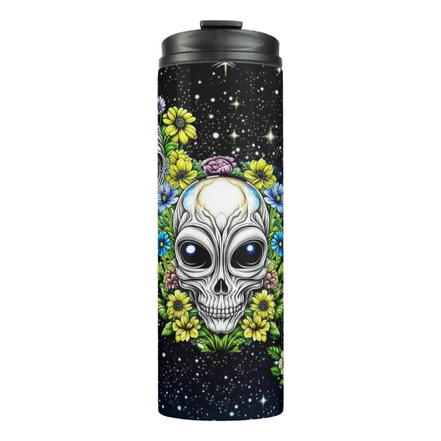 Garrafa Térmica Crânios e Flores de Alienígenas Extraterrestres  (Frente)