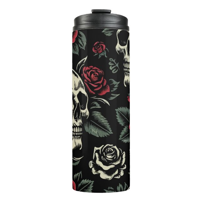Garrafa Térmica Crânios & Rosas Vermelhas Floral Gótico (Frente)