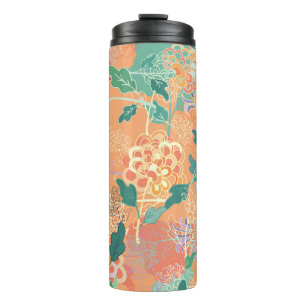 Garrafa Térmica crisântemo chinês: padrão laranja floral.