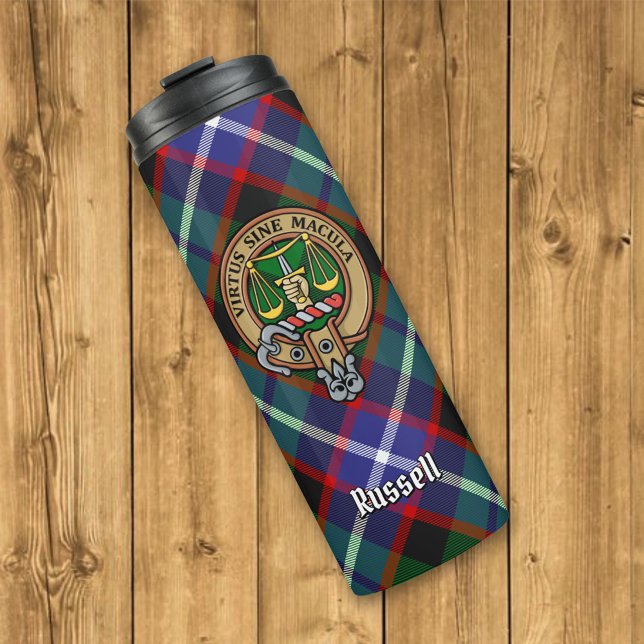 Garrafa Térmica Crista do Clã Russell sobre Tartan (Criador carregado)