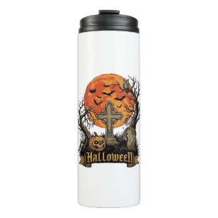 Garrafa Térmica Cruz de Halloween Tumba Caveira Abóbora Gato Preto