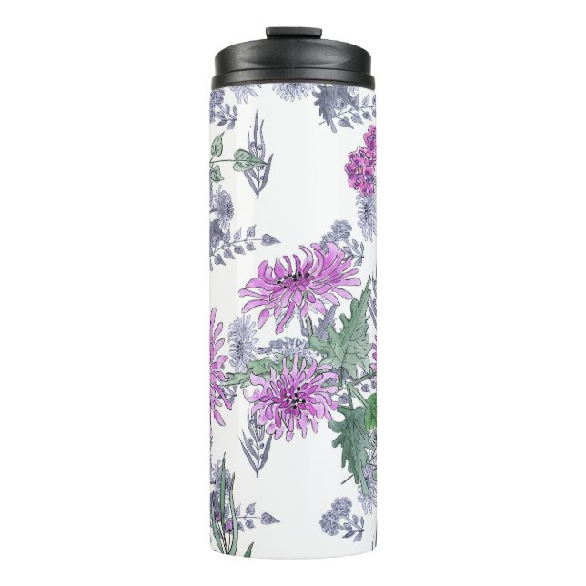 Garrafa Térmica Crysântemas lilases, aquarela (Frente)