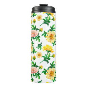 Garrafa Térmica Crysântemos de aquarela. Flores amarelas com grã